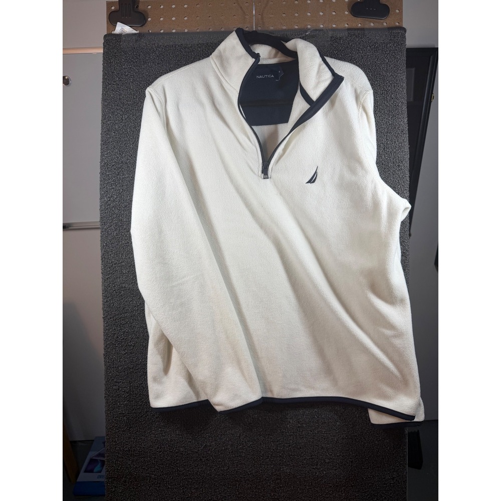 Nautica Fleece Pullover Mens Medium Cream Quarter Zip J-Class Logo Logo Neck